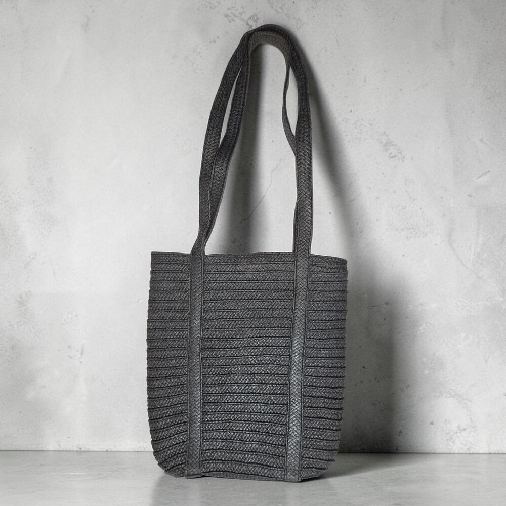 Vintage Studded Midnight Black Woven Straw Boho Tote